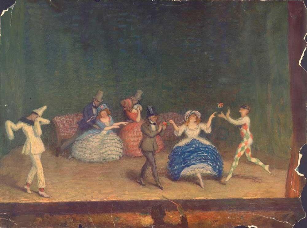 Pintura de personas disfrazadas bailando en un escenario, con luces brillantes y un ambiente festivo. 